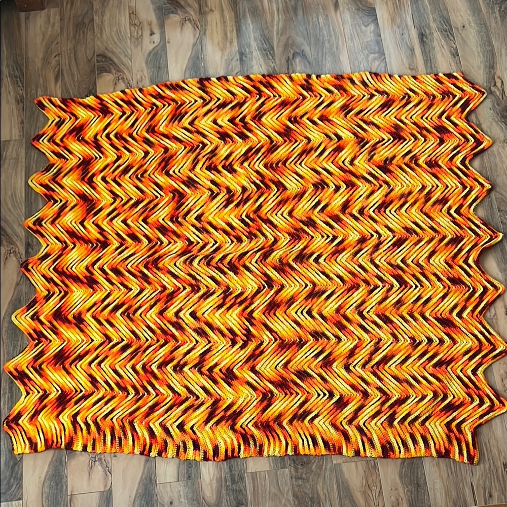 Vintage Crochet Ripple Blanket 54x49 Orange Yellow Burgundy Zig Zag Afghan